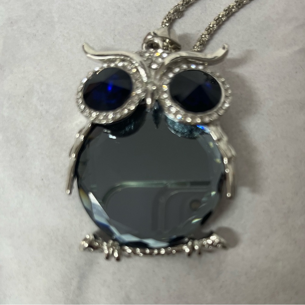 Silver Owl Crystals w faceted black Lg Glass pendant Fashion Necklace 32” Chain